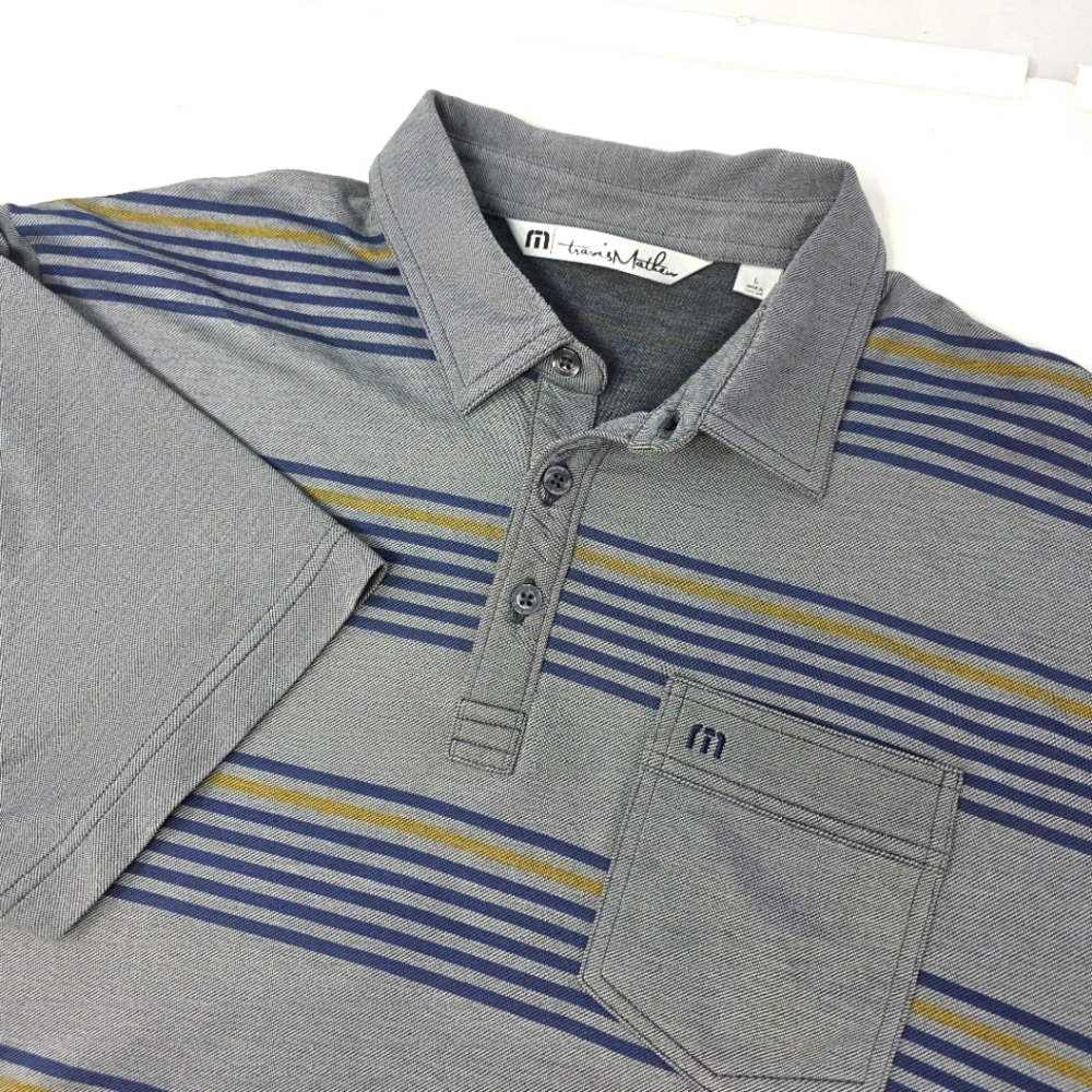 Travis Mathew Shirt Mens Large Gray Striped Performance Golf Polo Pocket Stretch - Picture 1 of 8